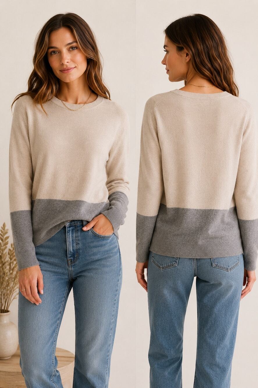 Velvet by Graham & Spencer 100% Cashmere Colorblock Sweater Cream Gray Size L